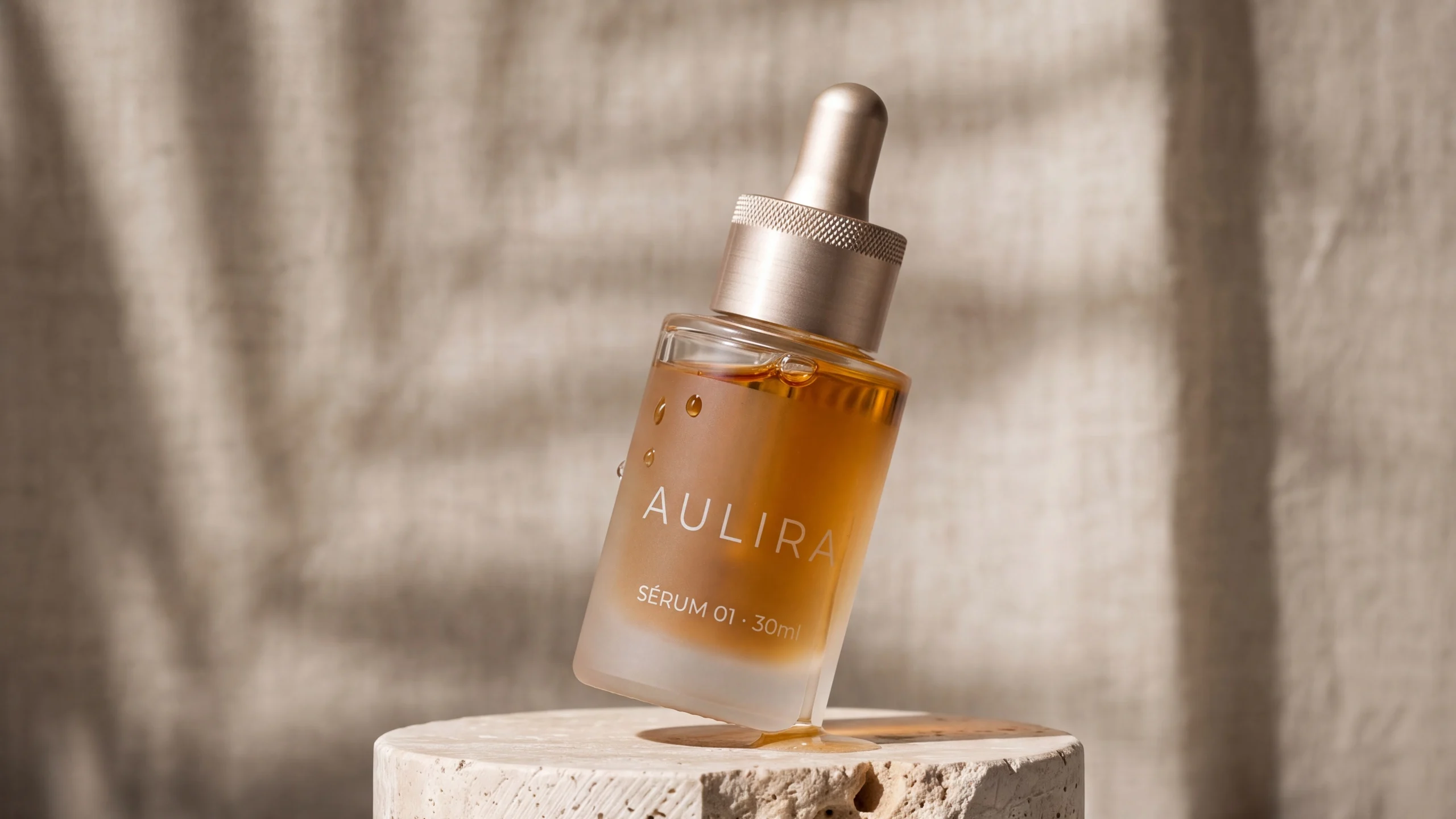 Beauty product rendering — Aulira serum on travertine stone