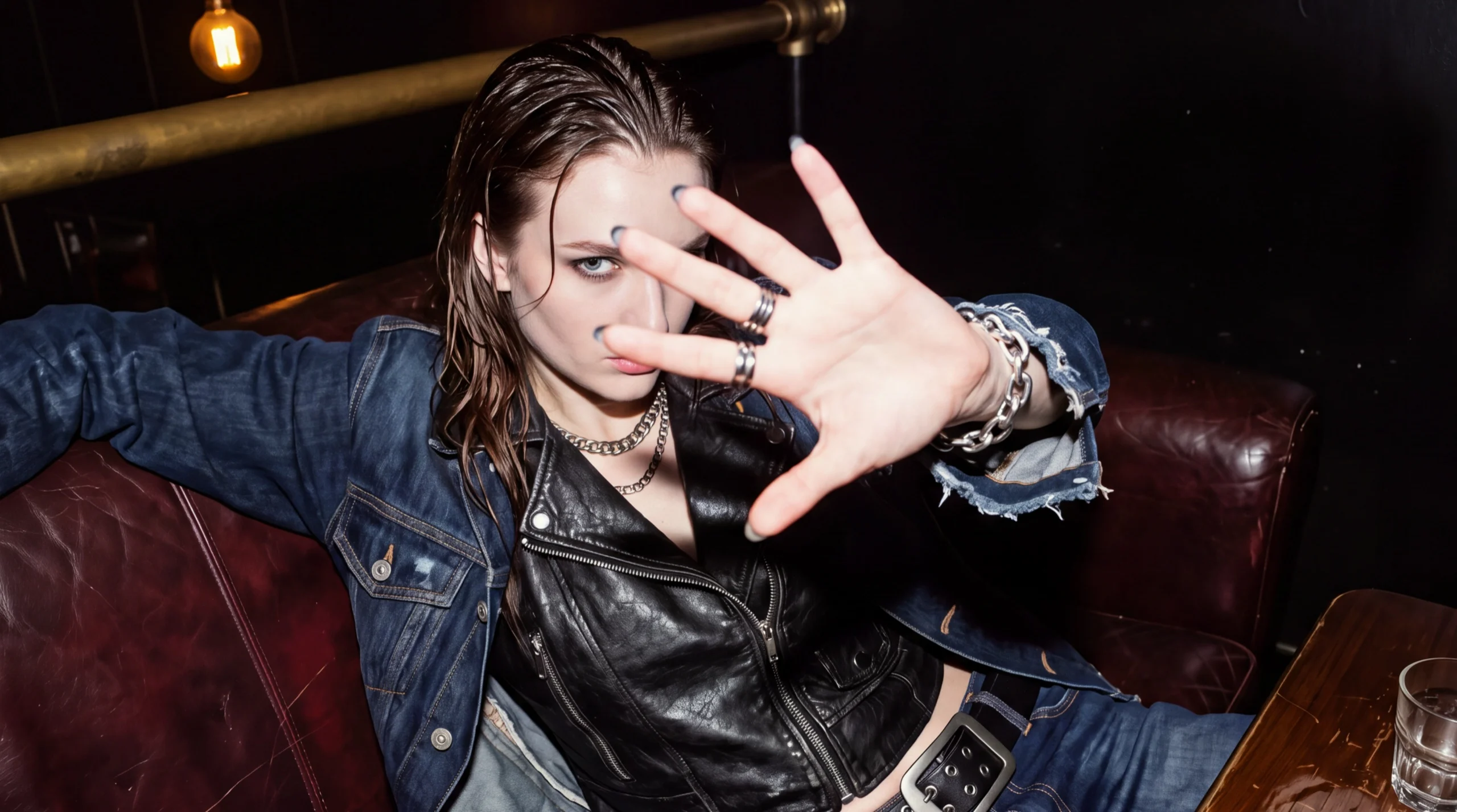 Editorial attitude — Leather jacket direct flash