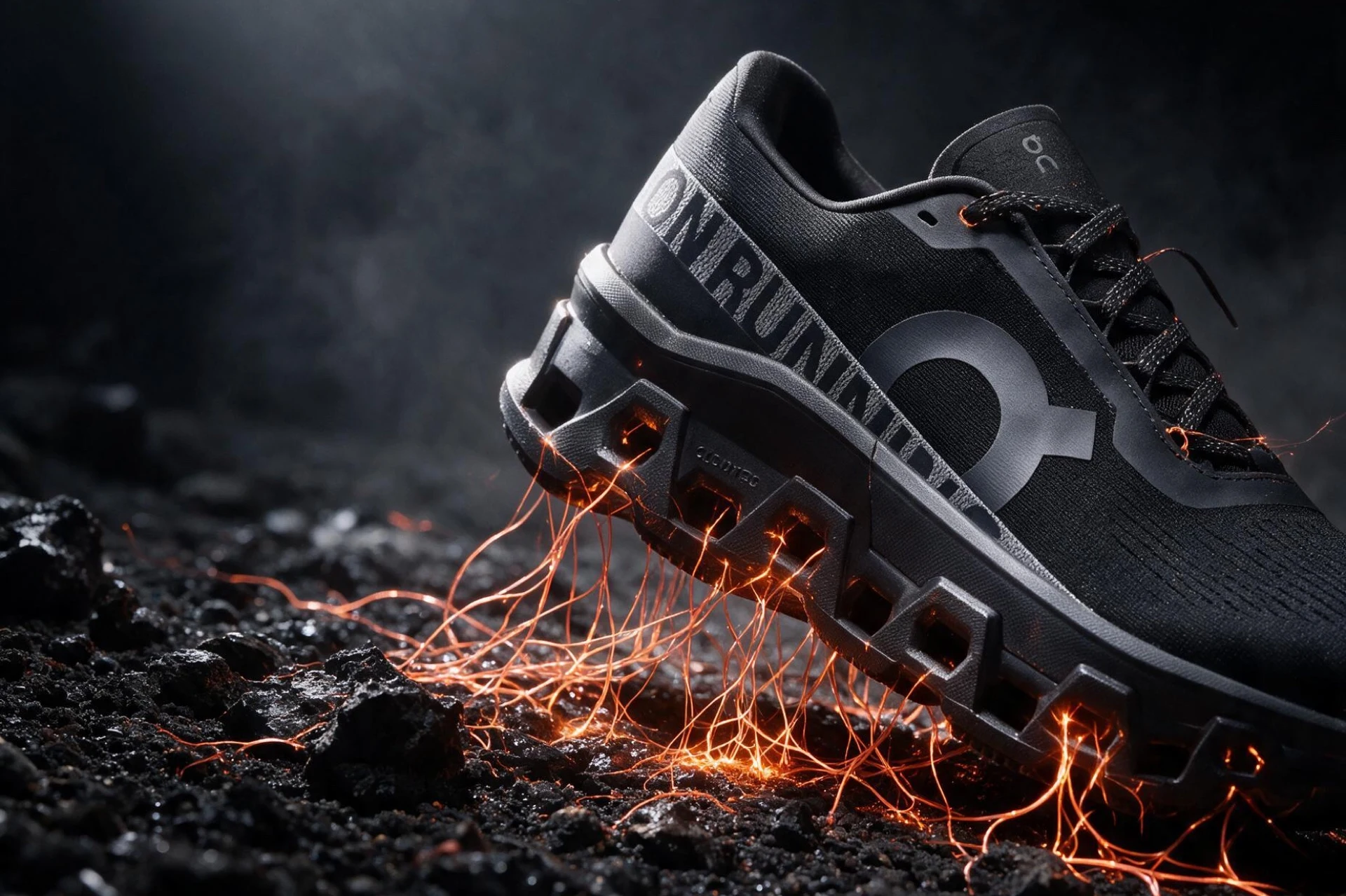 Product campaign — On Running sneaker on volcanic rock